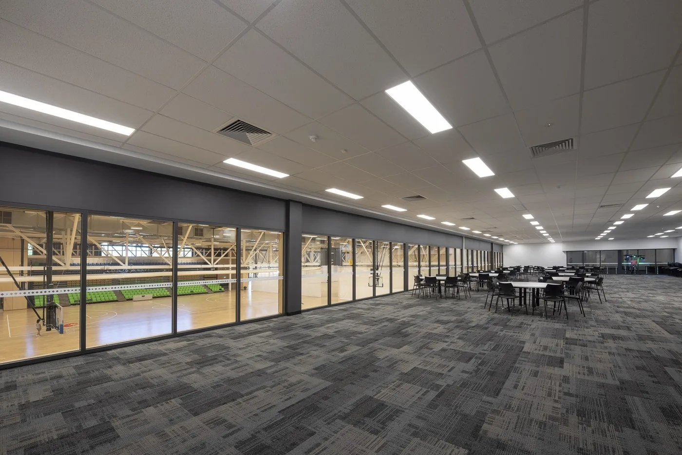 Indoor courts at St Clair Recreation Centre, seen from the function room