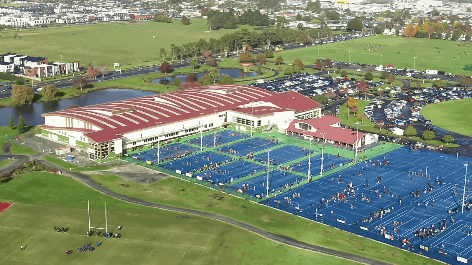 Aerial view of Pulman Arena and Bruce Pulman Park, Takanini