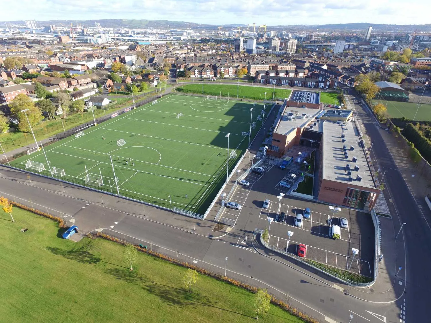 Aerial view of the 3G pitch at Girdwood Community Hub, north Belfast