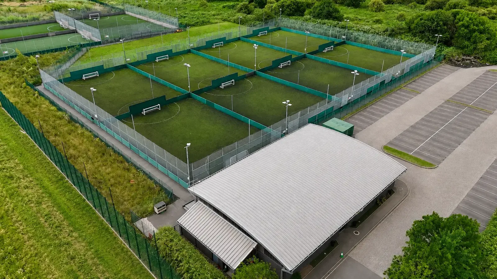 Aerial view of the 5-a-side pitches at Gôl Centres Cardiff