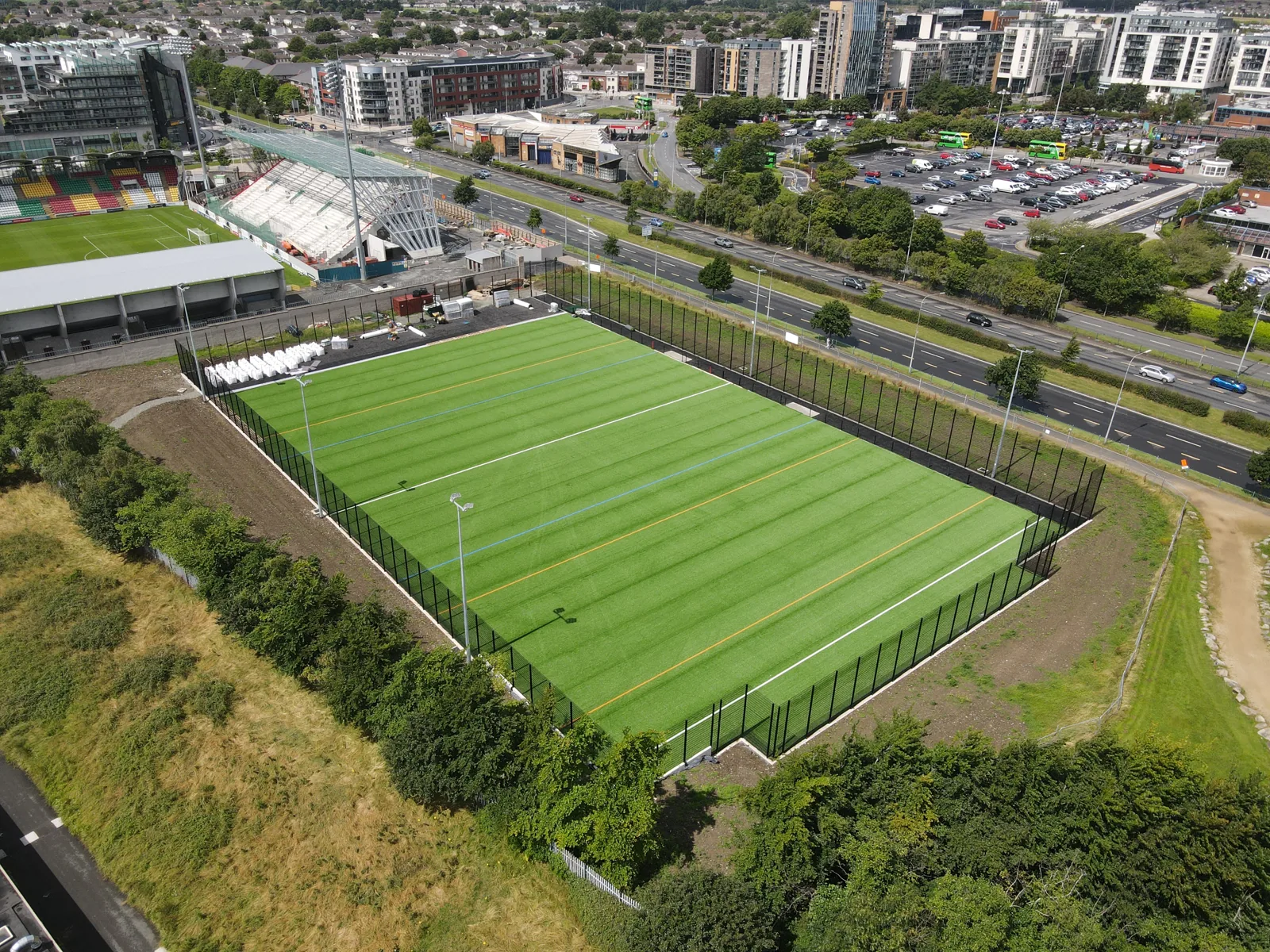 Aerial view of the 3G pitch at Sean Walsh Park, with Tallaght Stadium behind