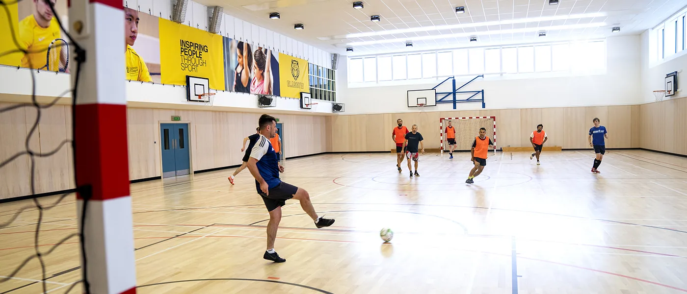 Indoor football in the Stevenson Building activity hall