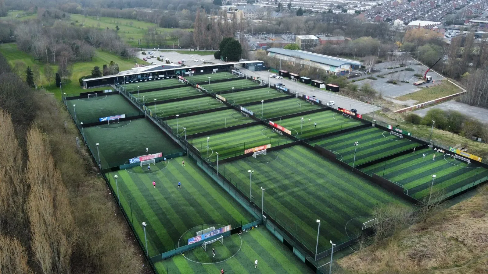 Aerial view of the floodlit pitches at GOALS Leeds
