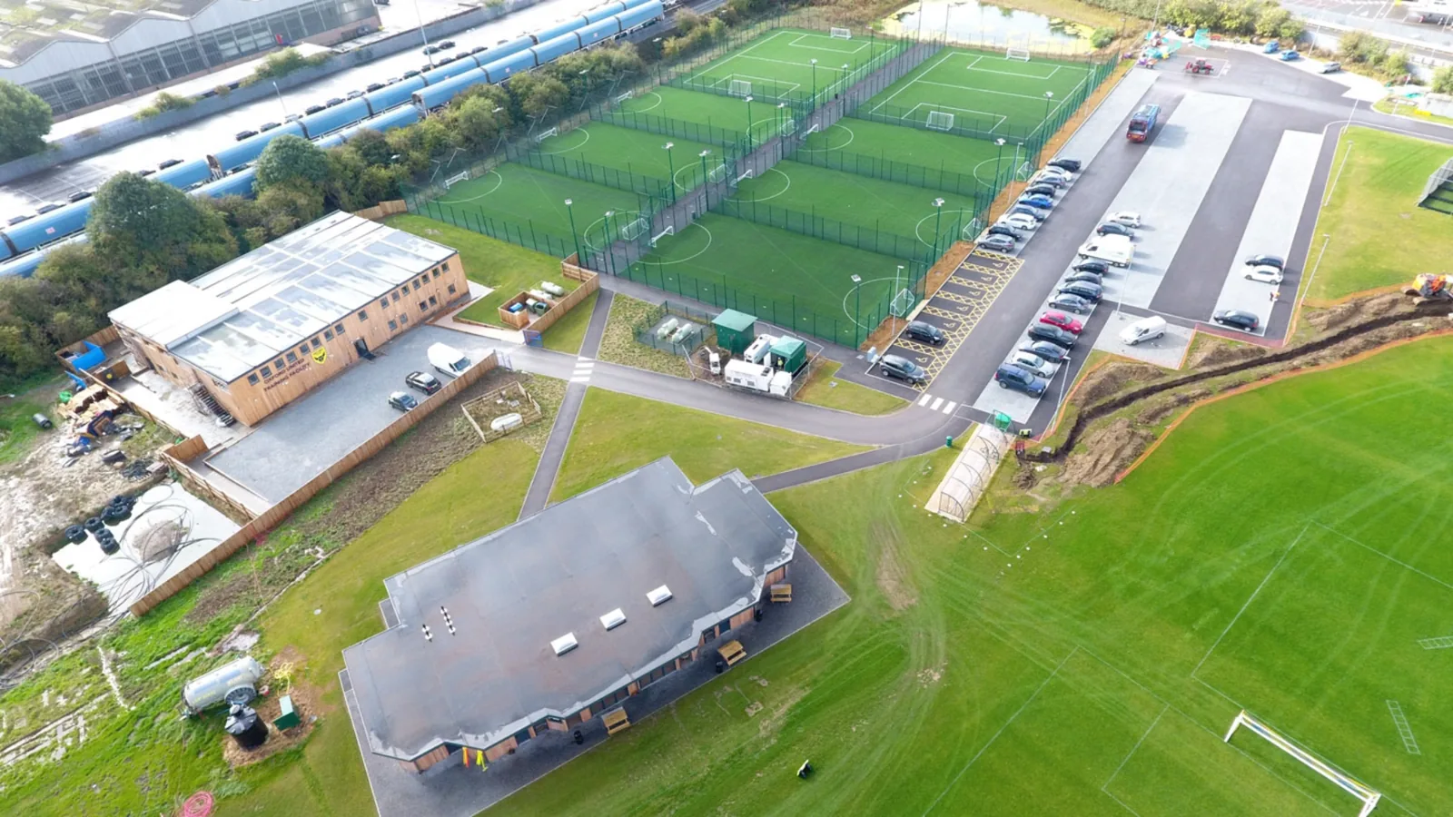Aerial view of the 3G cages and pitches at Oxford Sports Park