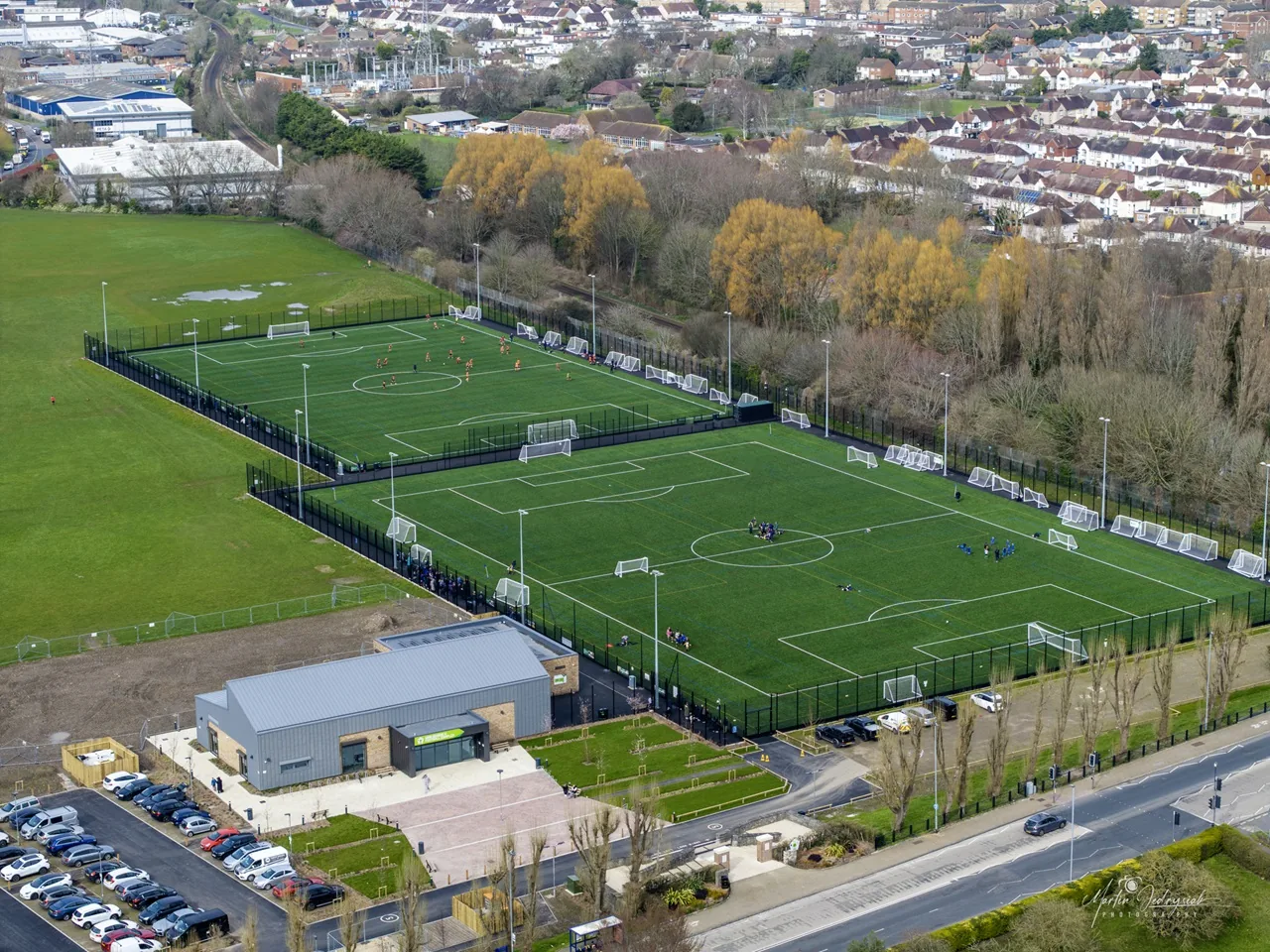 Aerial view of the 3G pitches at King George V Football Complex, Cosham